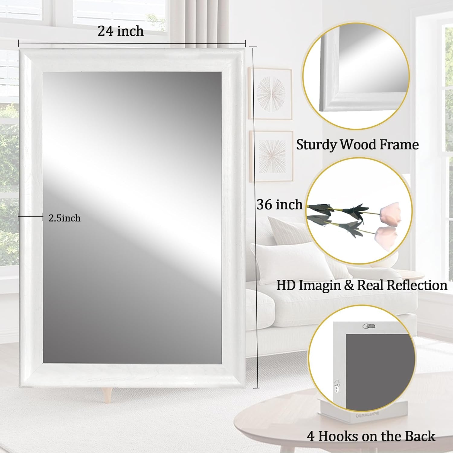 Rectangular White Wood Wall Mirror 24x36 Inches Bathroom-4