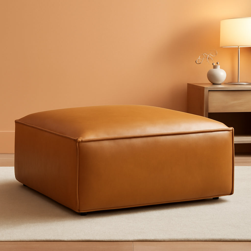 Tan Vegan Leather Contemporary Sectional Sofa Ottoman-0