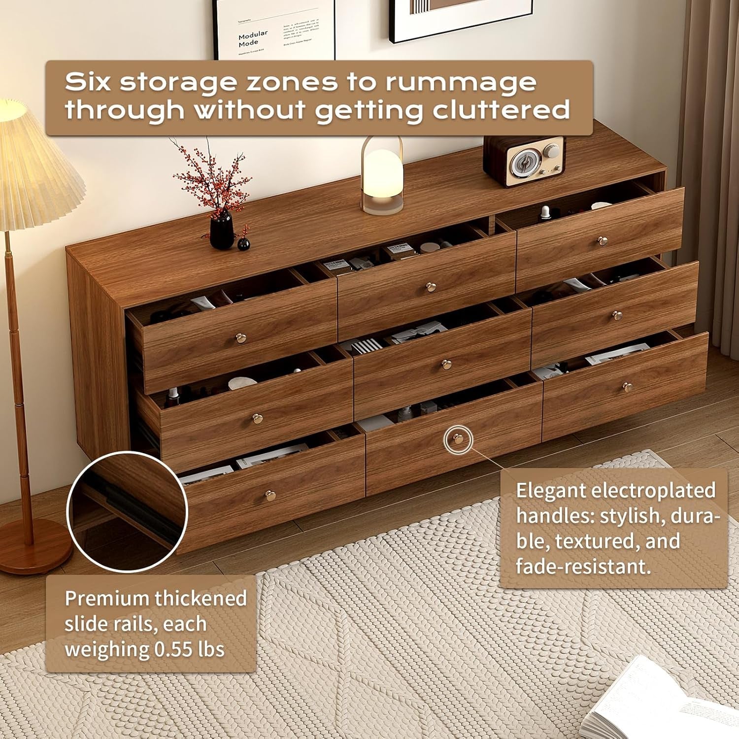 Walnut 63-Inch Wide Beveled Solid Hardwood Dresser-3