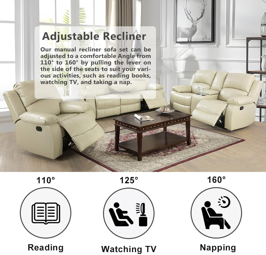 Manual Reclining Sofa Modern Recliner Sofa Couch 3 Seater Leather Reclining Sofa Living Room Furniture Couch with Cup Holders & Flip-Down Table for Home/Office/Rv Car (Beige, 3 Seater Sofa)-3