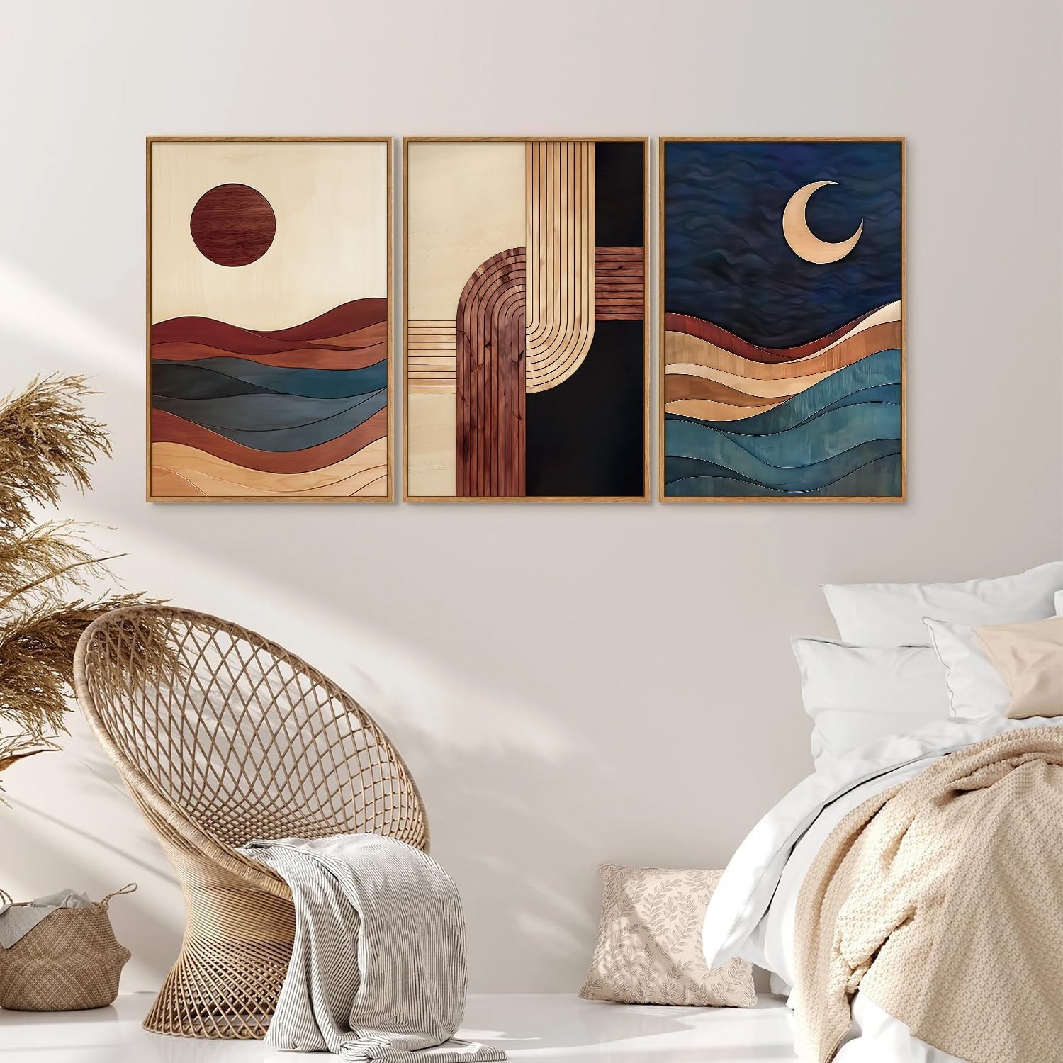 Three-Panel Beige Framed Canvas Wall Art 16x24 Inches-3