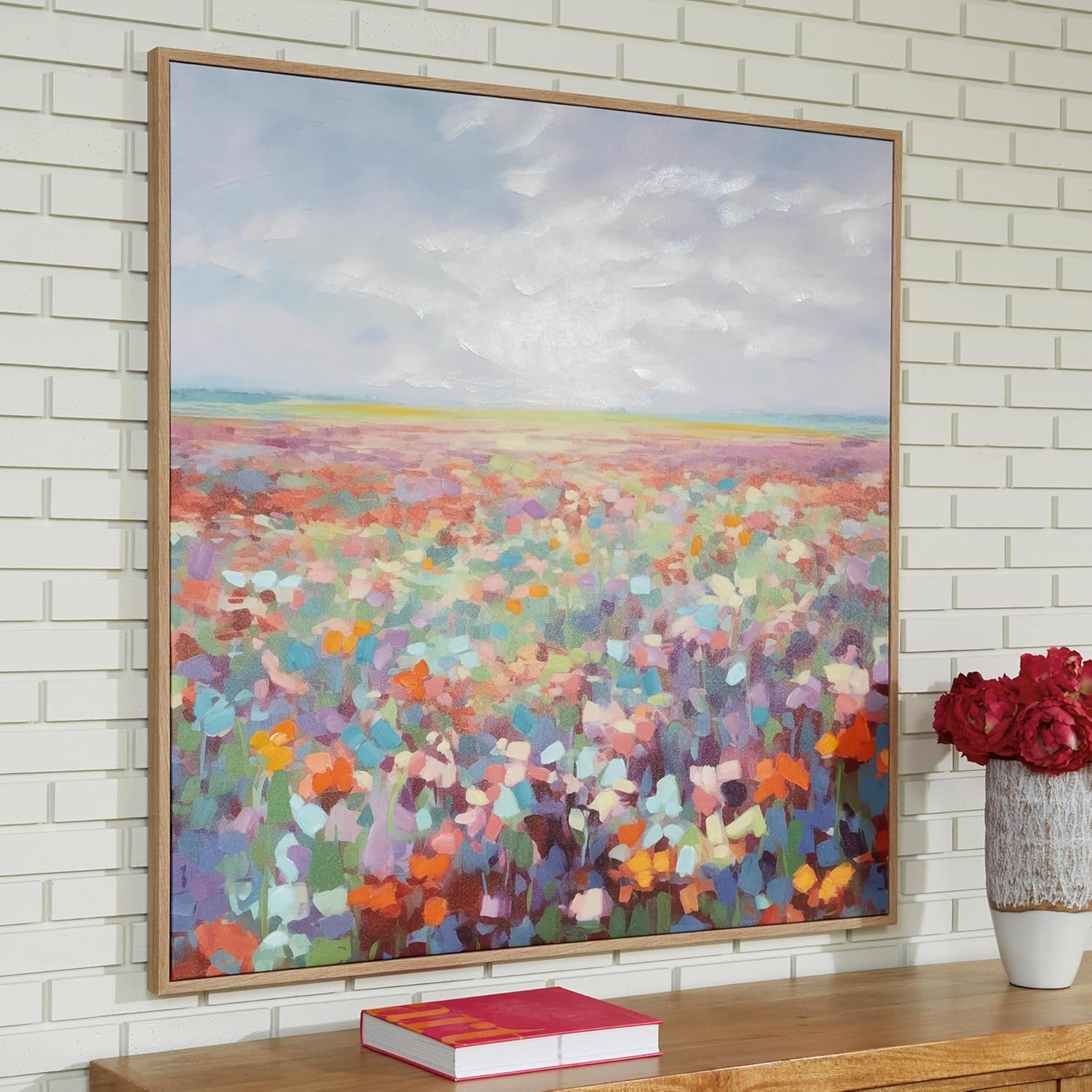 Framed Hand Painted Floral Wall Art Blue 48x48 Inches Canvas-1