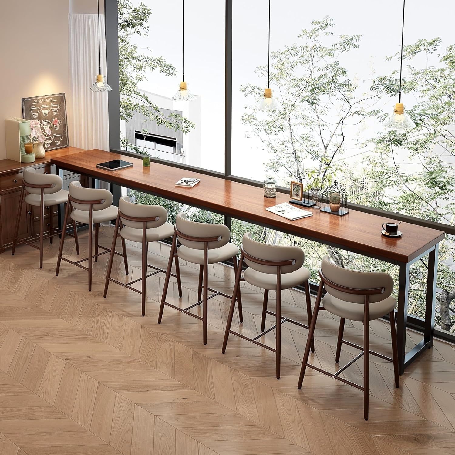 Bar Stools Set of 4 Counter Height Barstool Metal Kitchen Counter Height Bar Stool Island Chairs 26 Inch, Walnut/Khaki-4