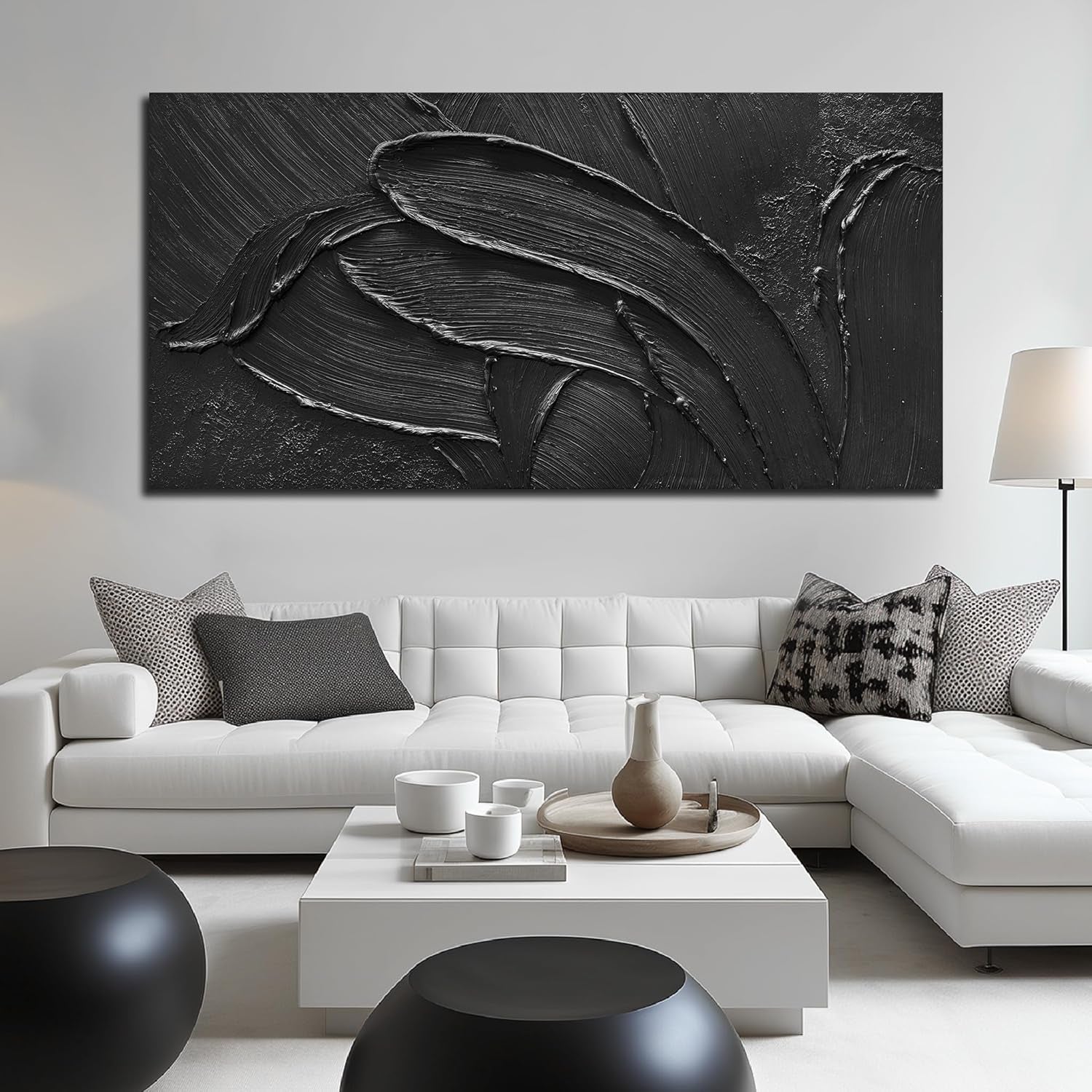 Black Abstract Wall Art Textured Large 29x58 Inches-1