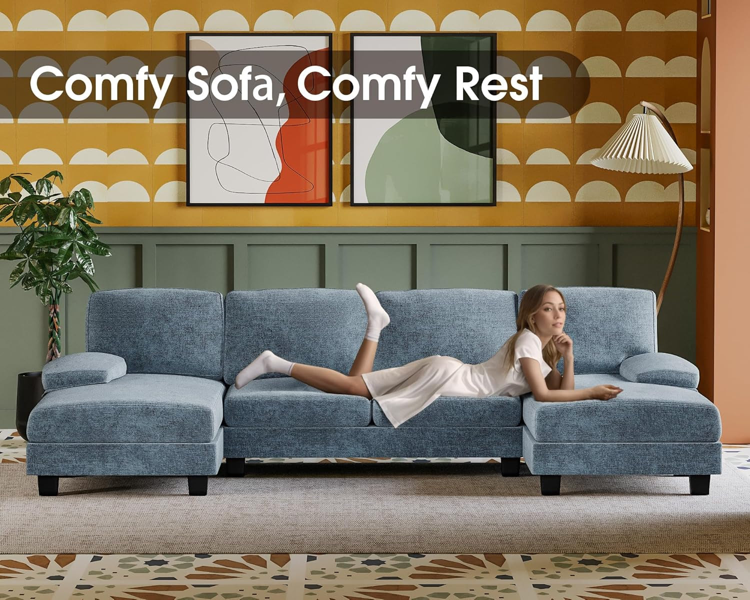 Sectional Couches for Living Room, U-Shaped Sofa Couch with Linen Fabric, 4 Seat Sofa Set with Double Chaise for Apartment (Fabric, Light Blue)-3