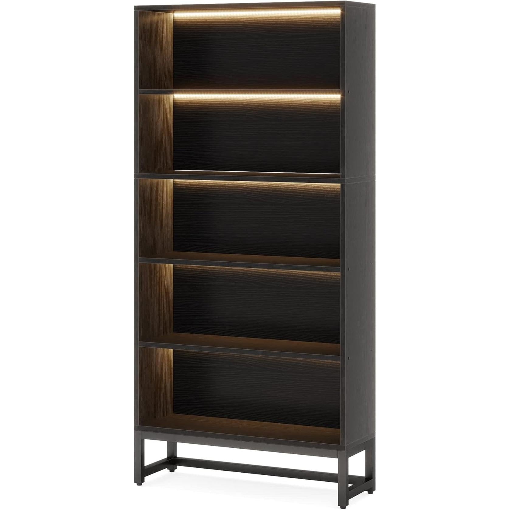 Tall Bookcase Black Bookshelf, 70.8” Large Bookcases Organizer with LED Lights, Heavy Duty Free-Standing Library Bookshelf with 5-Tier Storage Shelves for Living Room, Bedroom (Black)-3