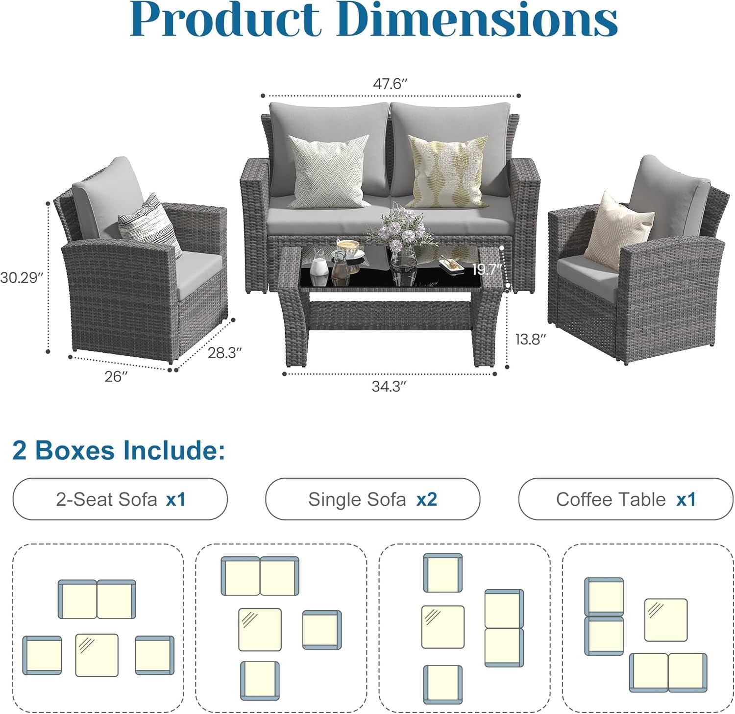 4 Piece Outdoor Patio Furniture Set All Weather Wicker Grey-2