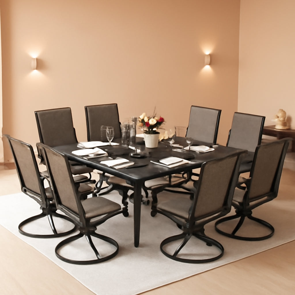 9 Piece Patio Dining Set With Large Square Metal Table And 8 Swivel Chairs-0