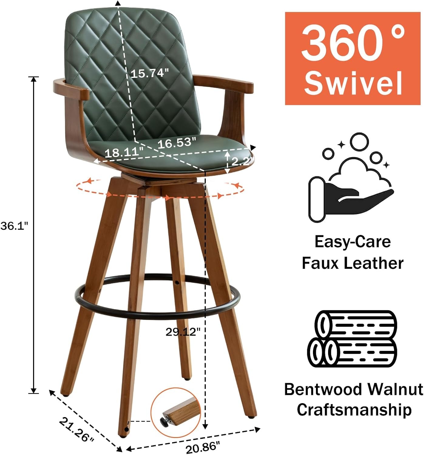 Set of 2 Bar Height Bar Stools - 30 Inch Swivel Bar Stools with Curved Back and Arms, Walnut Craftsmanship, Upholstered Seat, Mid Century Barstools for Bar/ Pub/Island/Coffee (30" Seat Height, Green)-1
