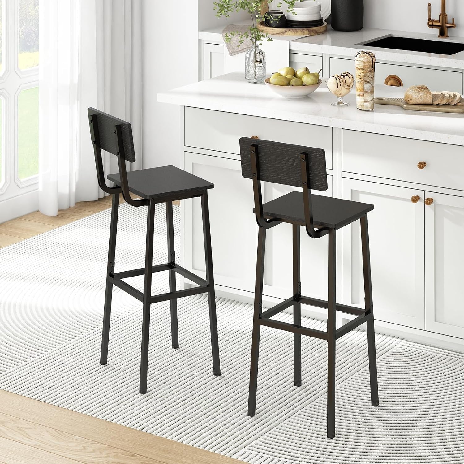 Set of 2 Bar Stools, Tall Bar Stools with Backrest and Footrest, Tall Bar Chairs, Industrial Style Counter Height Bar Stools for Dining Room, Kitchen, Bar Rustic Black-0