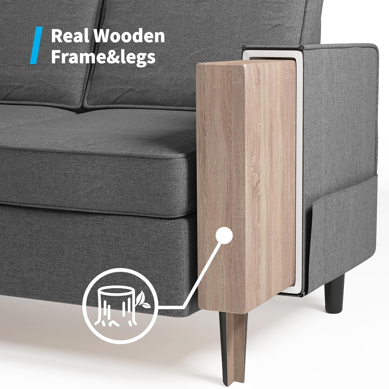 Convertible Sectional Sofa Sets, Modern Linen Fabric 3 Seater L-Shaped Sofa with Storage Ottoman, Wooden Sofa Couch Legs, Reversible Chaise Chair for Living Room, Studio, Apartment - Dark Grey-4