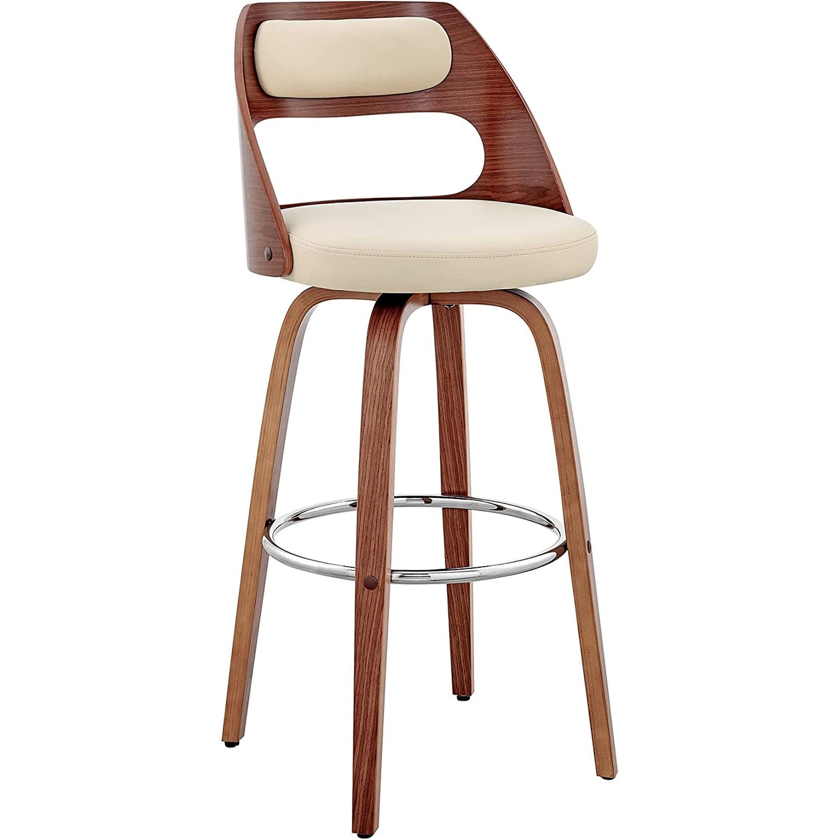 Cream Faux Leather Walnut Wood Bar Stool Swivel 360 Degree-1