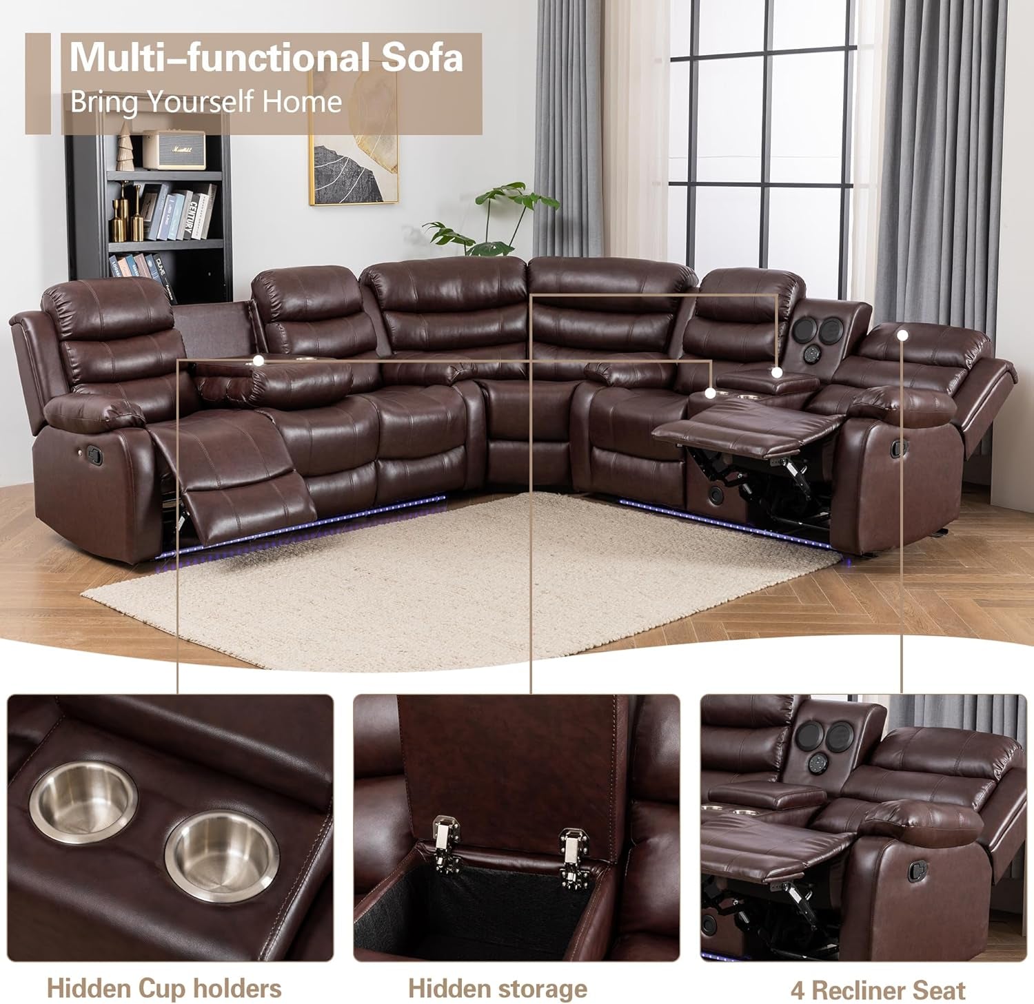Brown PU Leather Reclining Sectional Sofa USB Chargers-4