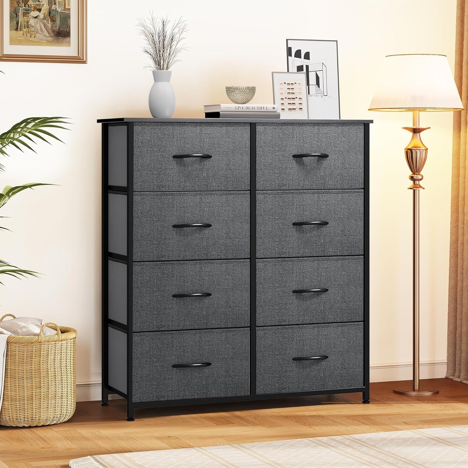 Tall Dresser With 8 Drawers And Fabric Bins For Bedroom-3