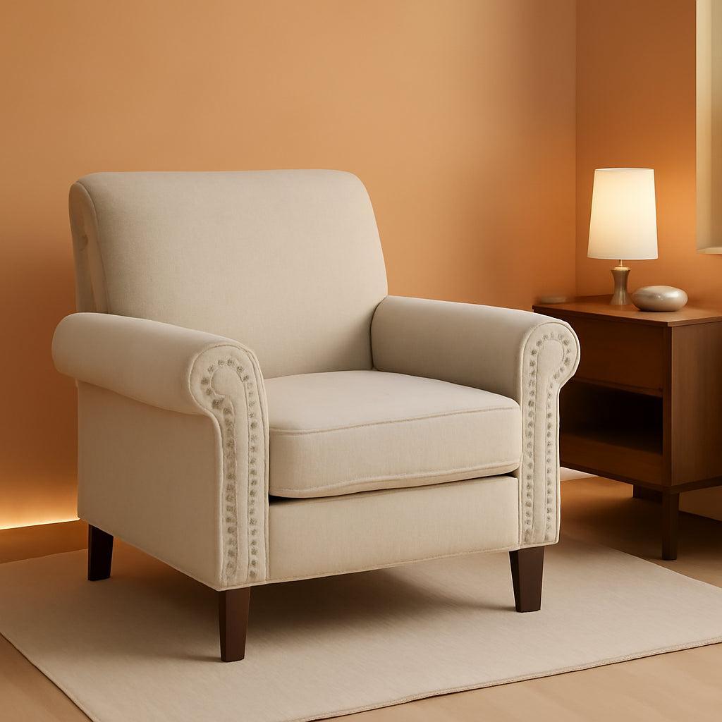 Beige Mid Century Modern Accent Chair With Nailhead Trim-0