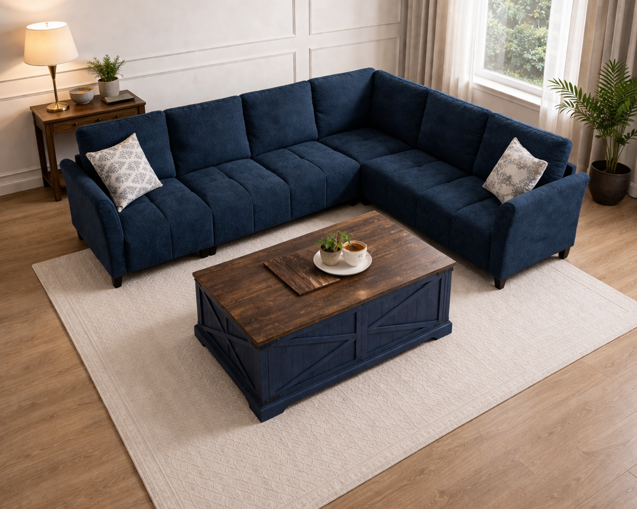 103 Inch Blue L-Shaped Sectional Sofa with Lift Top Storage Coffee Table Set-1