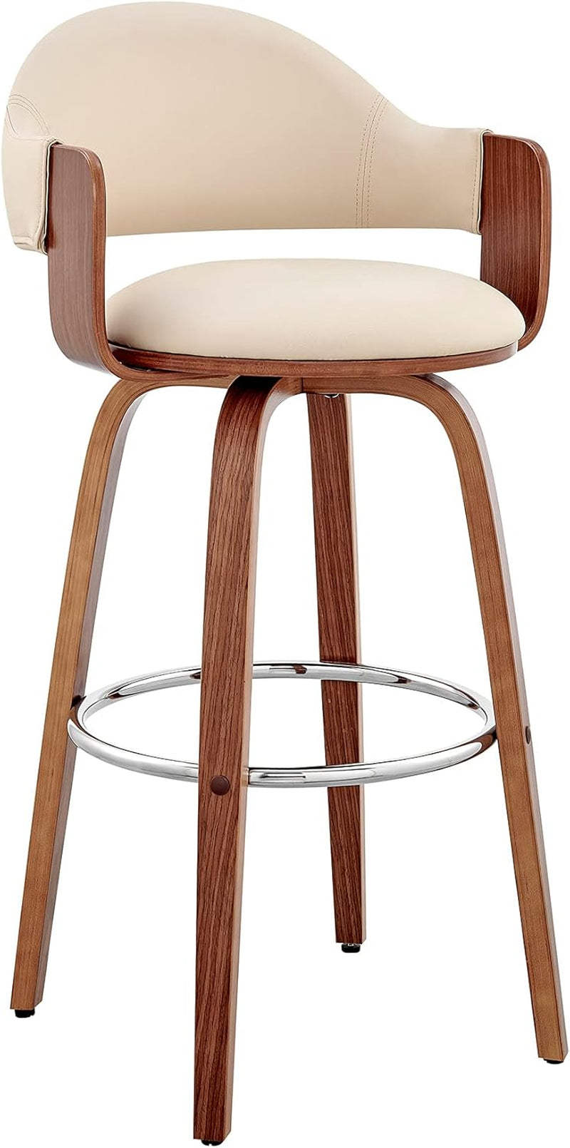 Daxton Mid Century Modern Swivel Bar Stool for Kitchen Island Counter in Cream Faux Leather and Walnut Wood, 30" Seat Height