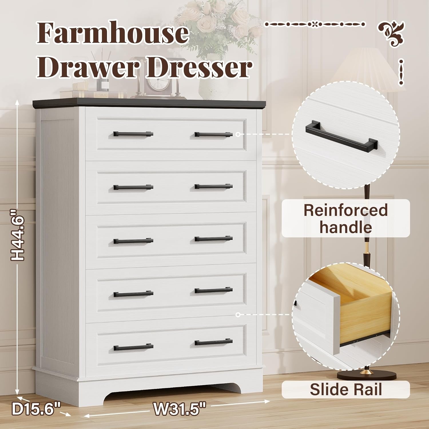 Farmhouse Dresser White Five Drawer FiftyTwo Inches-2
