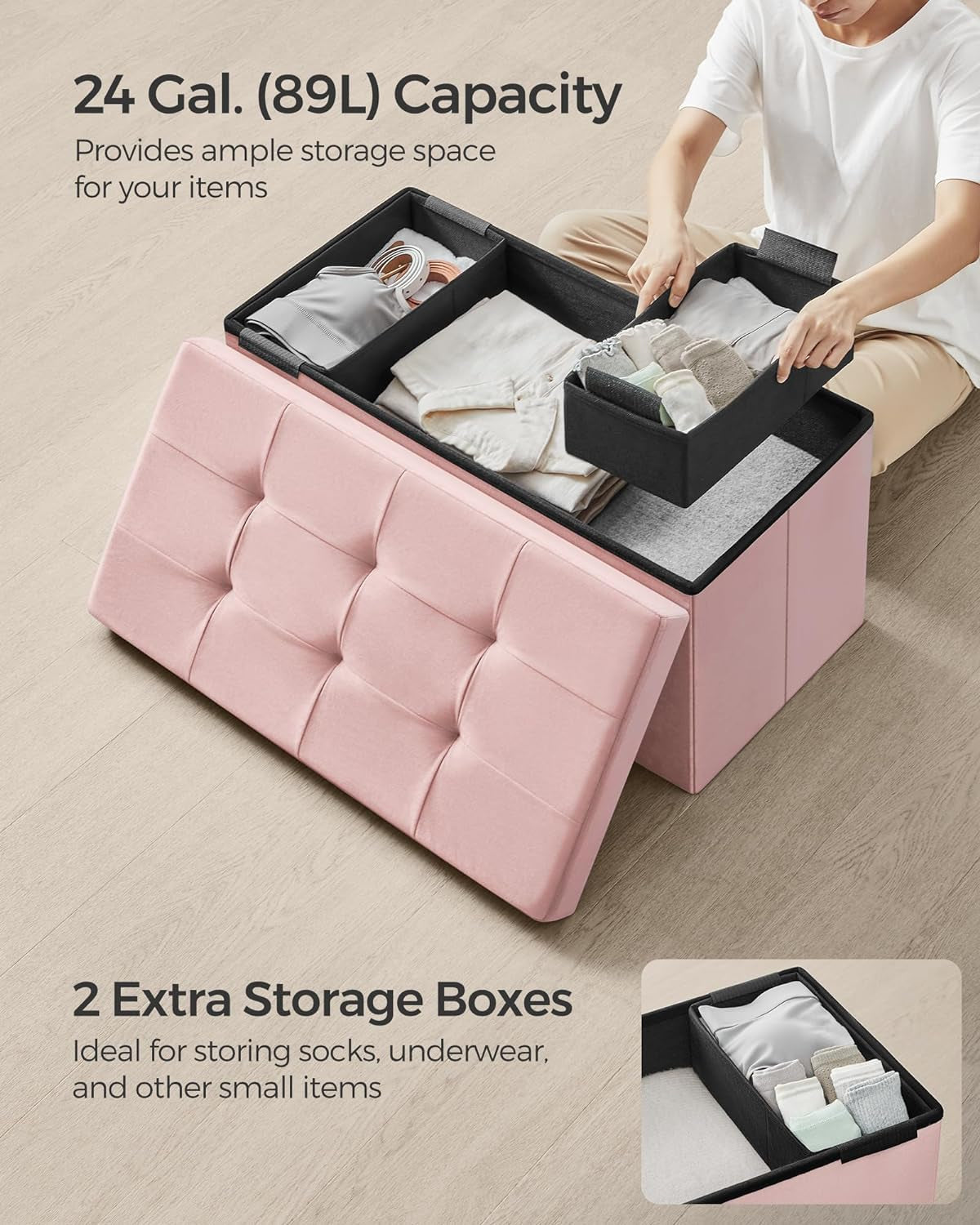 Jelly Pink Foldable Storage Ottoman Bench 15x30x15-4