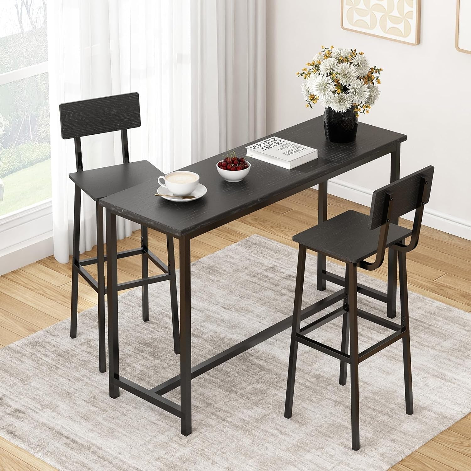 Set of 2 Bar Stools, Tall Bar Stools with Backrest and Footrest, Tall Bar Chairs, Industrial Style Counter Height Bar Stools for Dining Room, Kitchen, Bar Rustic Black-4