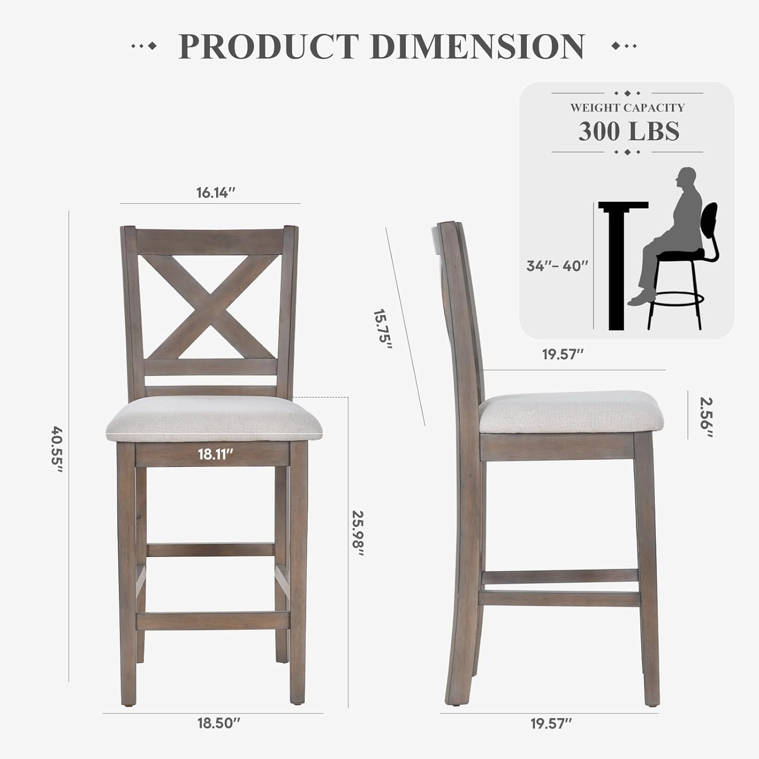 Upholstered Counter Height Bar Stools Set of 4, Modern Kitchen Island Barstools Chairs with Cross Back and Wood Legs for Dining Room Bar, Light Brown Wash-1