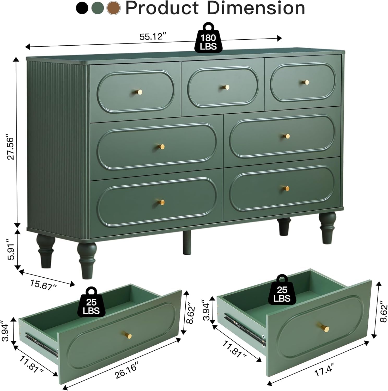 Emerald Green Fluted Seven Drawer Dresser Midcentury-1
