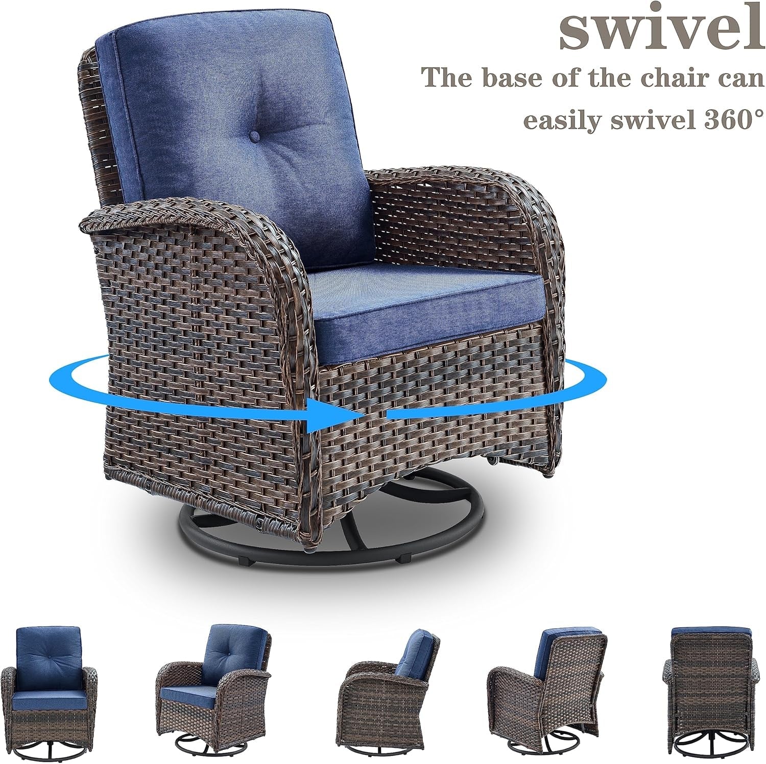 Six Piece Patio Conversation Set Brown Wicker Blue Cushions-3