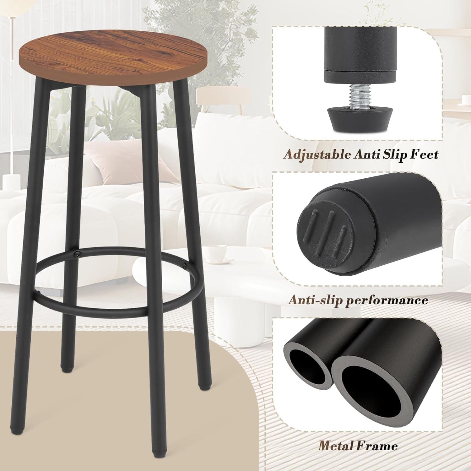 Brown Wood Bar Stools 25.5 Round Counter Height Backless-4