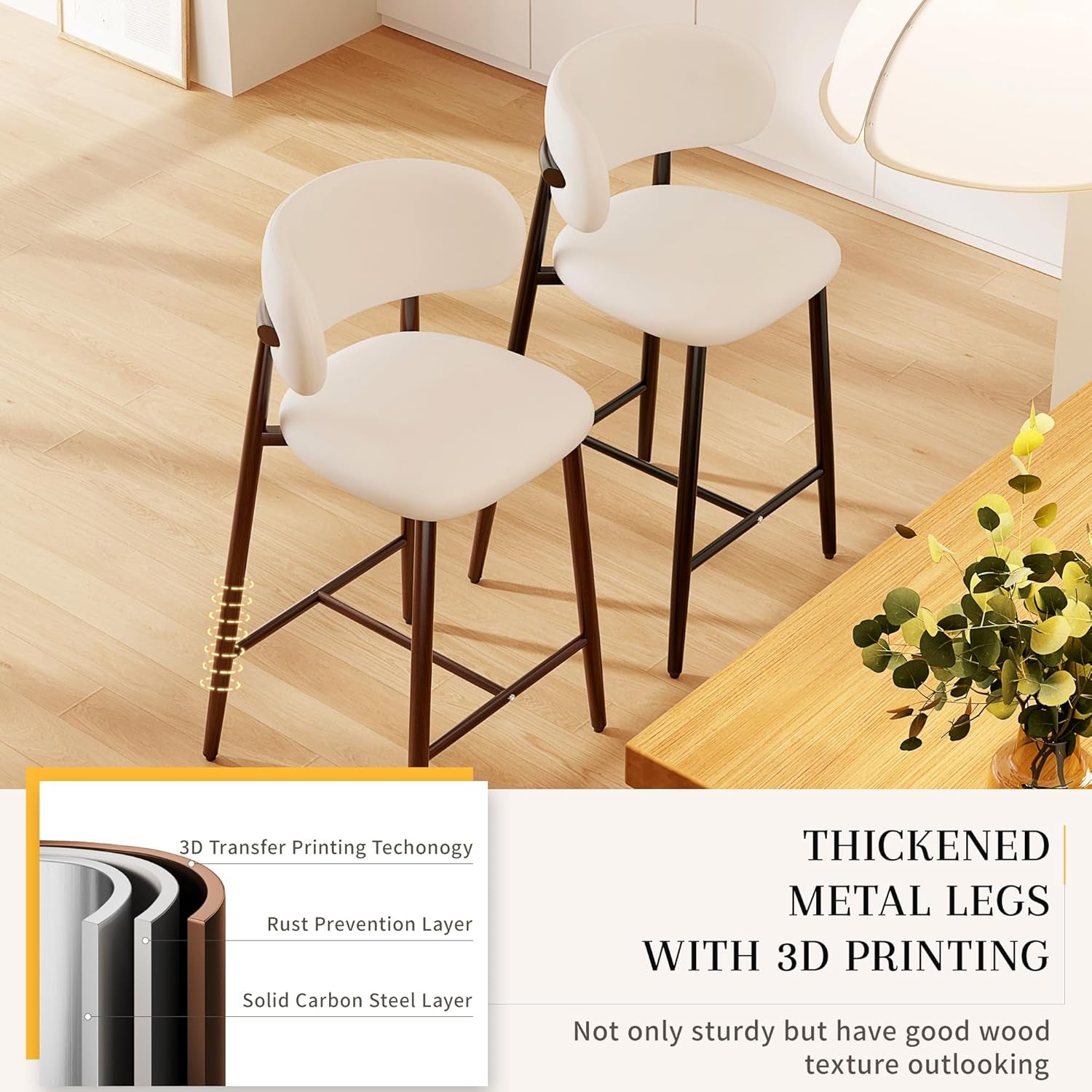 Bar Stools Set of 2 Counter Height Barstool Metal Kitchen Counter Height Bar Stool Island Chairs 26 Inch, Walnut/Khaki-3