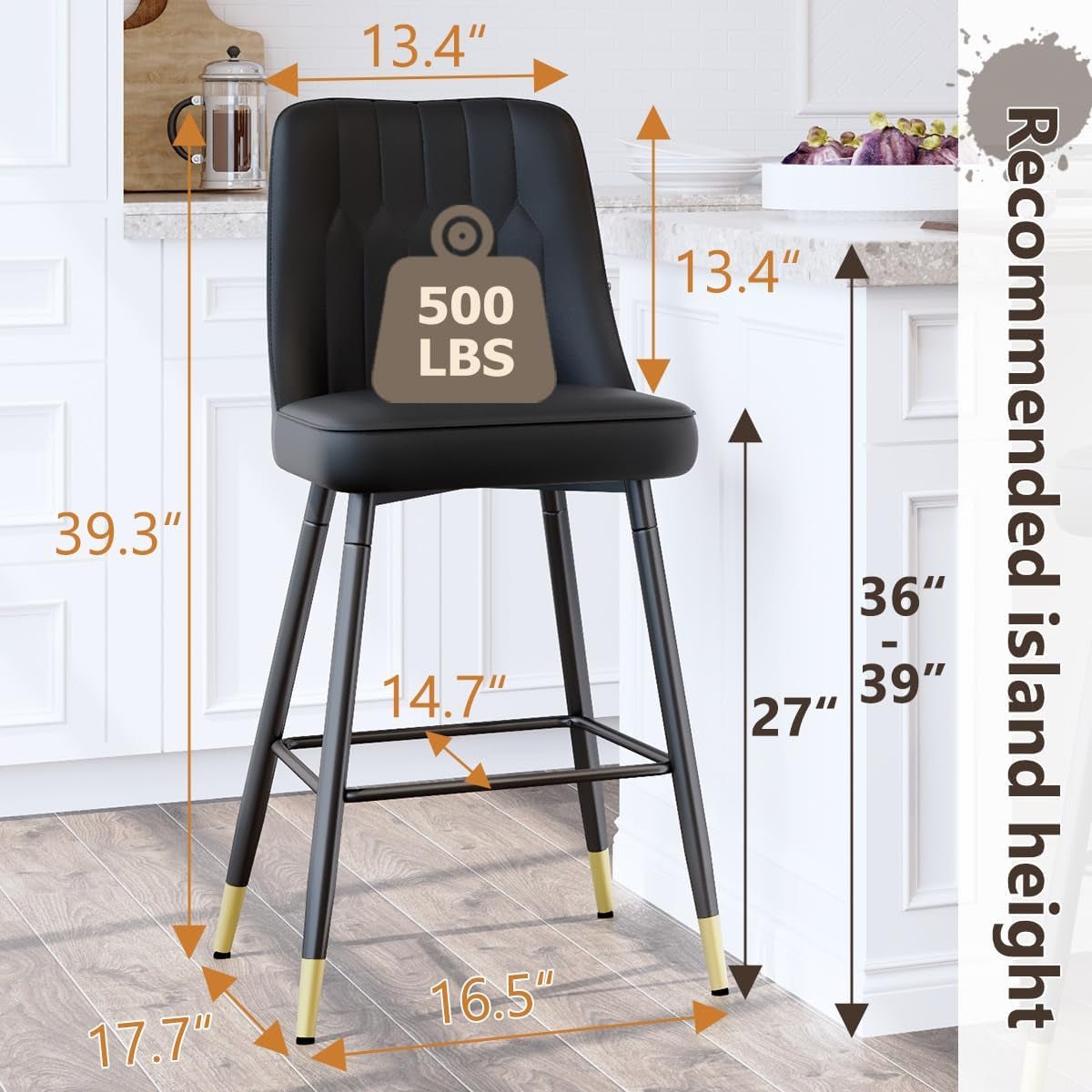 27 Inch Black Counter Height Bar Stool Set With Back Faux Leather-1