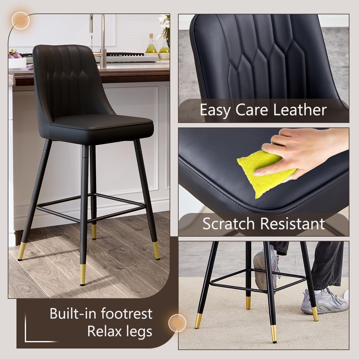 27 Inch Black Counter Height Bar Stool Set With Back Faux Leather-4
