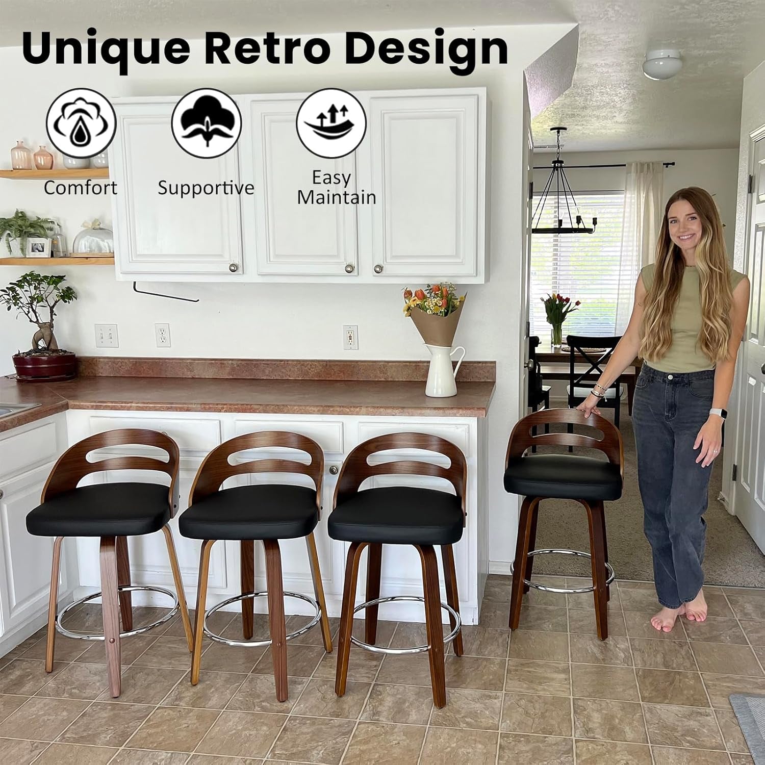 Bar Stools Set of 3, Swivel Bar Stools with Walnut Craftsmanship, Bentwood Curved Back, Upholstered Faux Leather, Soft Cushion Seat, Mid Century Barstools for Bar/Pub/Cafe (Beige, 30" Seat Height)-3