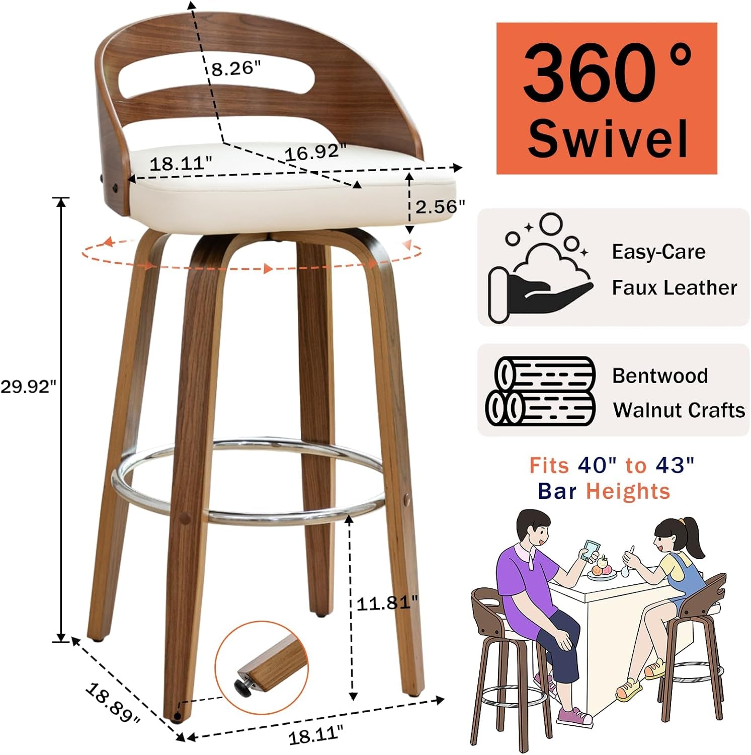 Bar Stools Set of 3, Swivel Bar Stools with Walnut Craftsmanship, Bentwood Curved Back, Upholstered Faux Leather, Soft Cushion Seat, Mid Century Barstools for Bar/Pub/Cafe (Beige, 30" Seat Height)-1