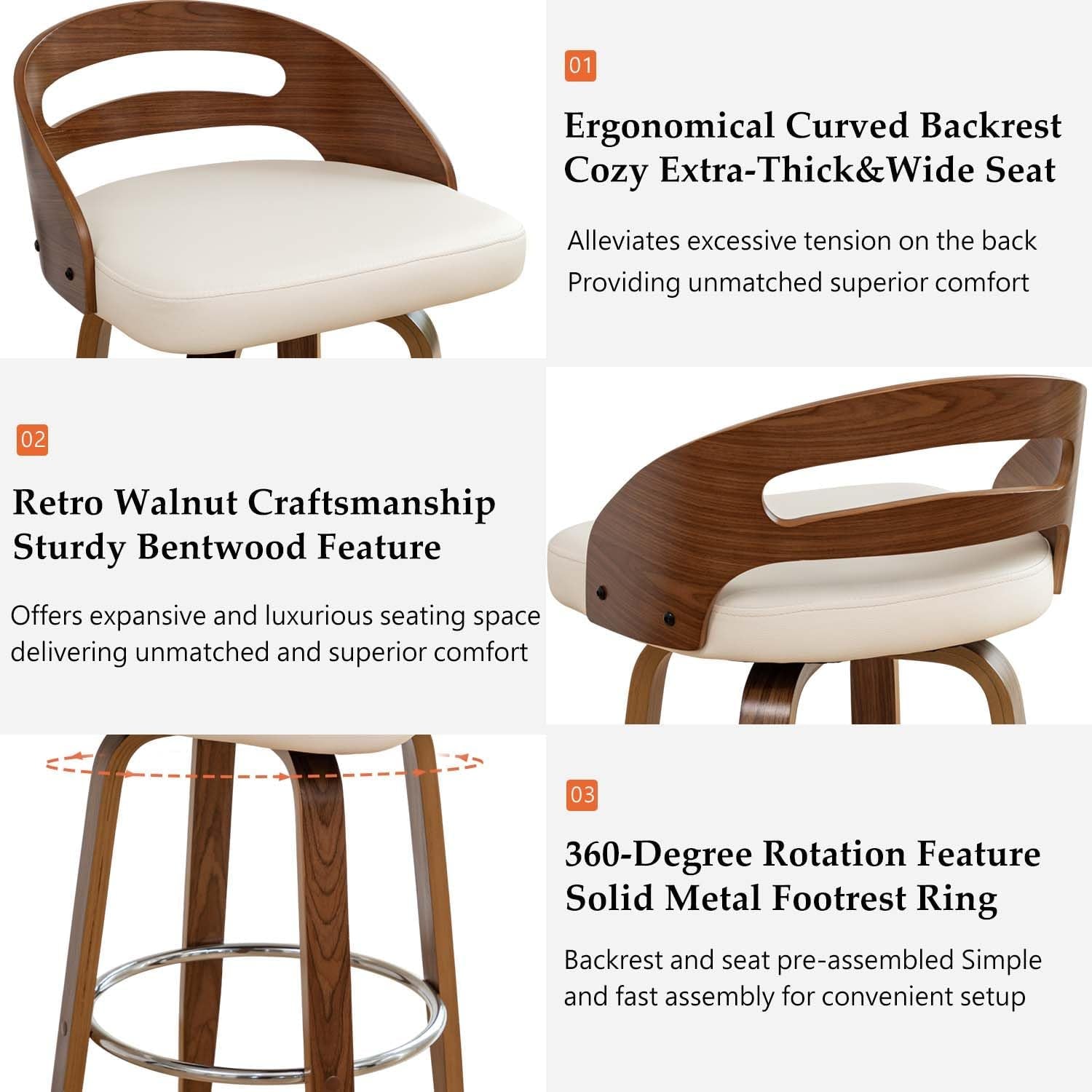 Bar Stools Set of 3, Swivel Bar Stools with Walnut Craftsmanship, Bentwood Curved Back, Upholstered Faux Leather, Soft Cushion Seat, Mid Century Barstools for Bar/Pub/Cafe (Beige, 30" Seat Height)-2