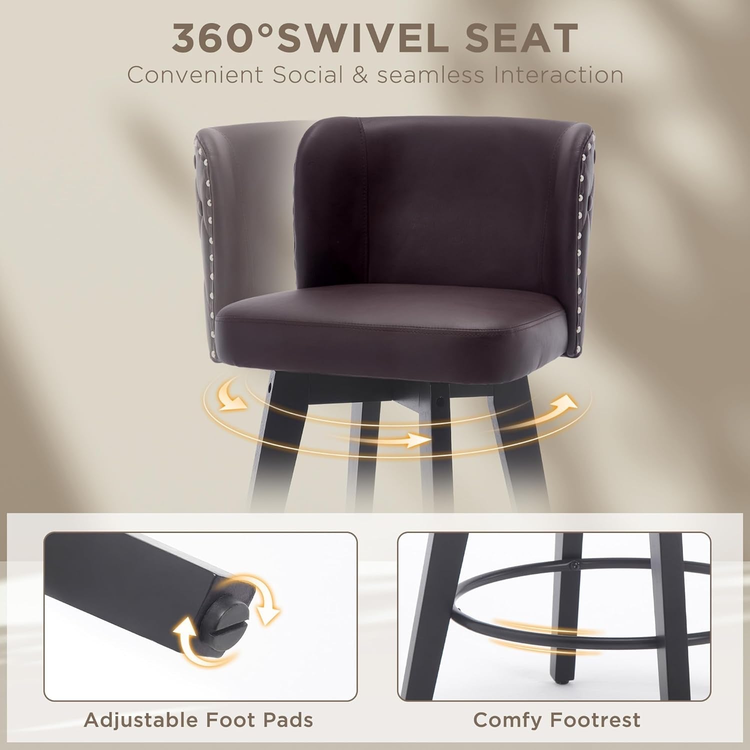 Swivel Bar Stool Set of 4, Faux Leather Low Back Counter Height Bar Stools, 27.5" Upholstered Tufted Counter Barstools with Wood Legs for Kitchen Island, Home Bar (Brown)