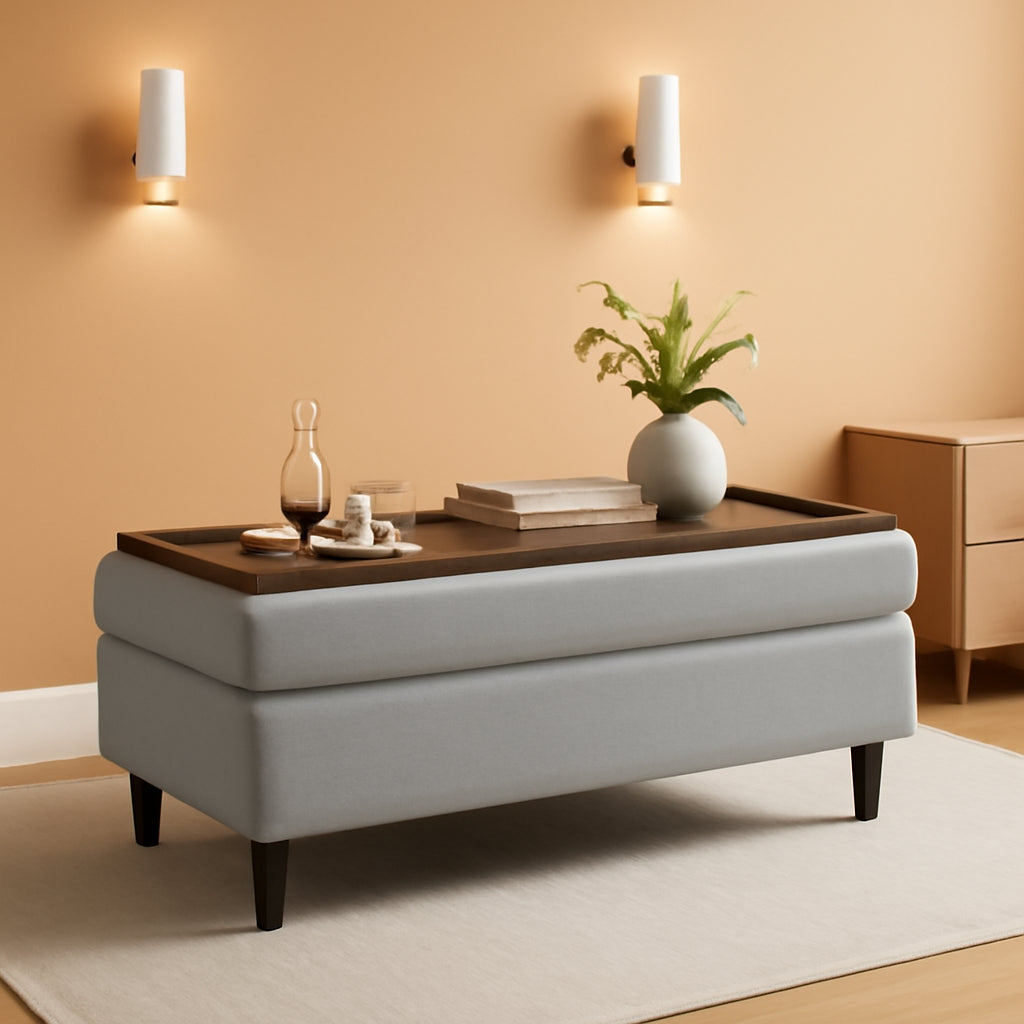 FortySixInch Grey Storage Ottoman Bench Upholstered Linen-0