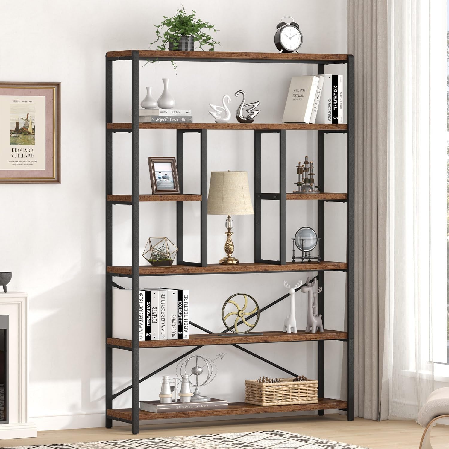 Rustic Industrial 6 Tier Brown Wood Metal Bookcase Unit-2