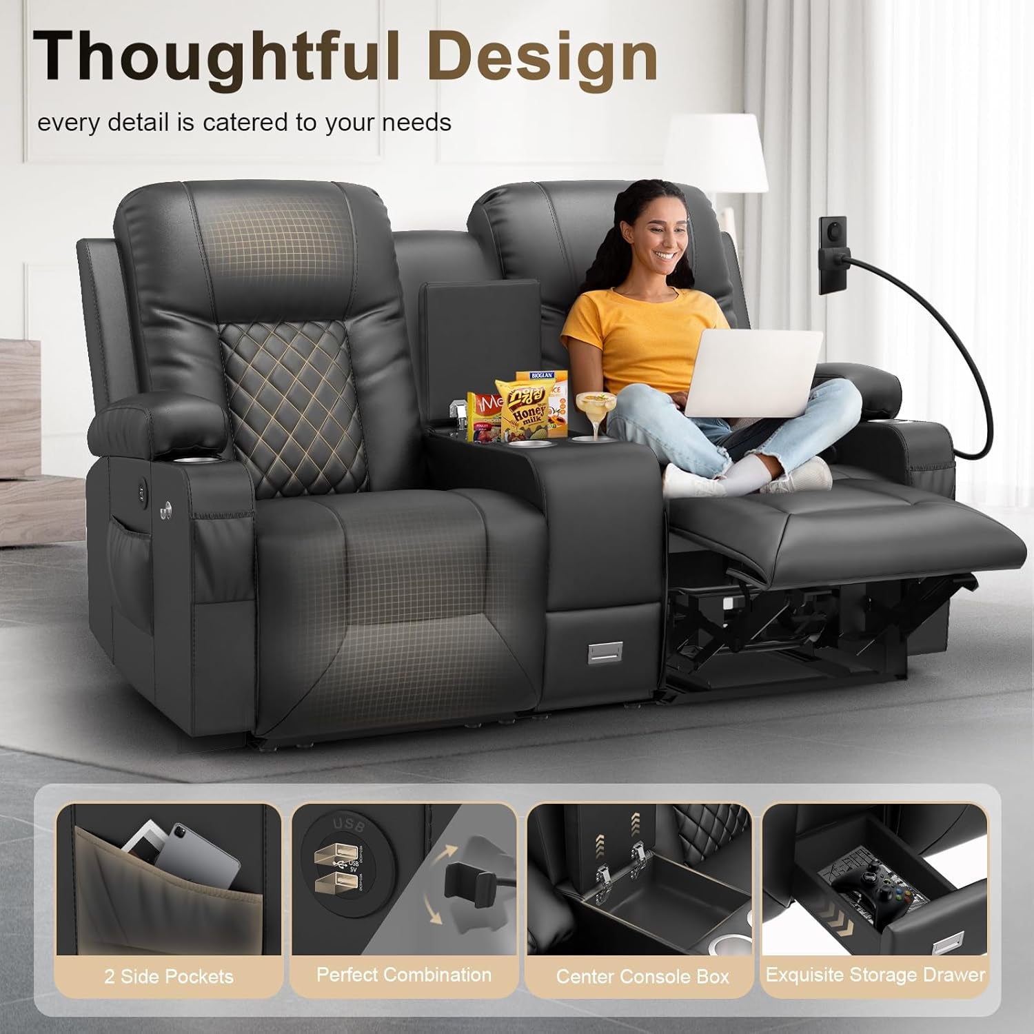 Large Loveseat Recliner, Loveseat Recliner Sofa with Storage Console, Recliner Chair with USB Ports, 2 Cell Phone Holders, Cup Holder, Loveseat Couch for Living Room-3