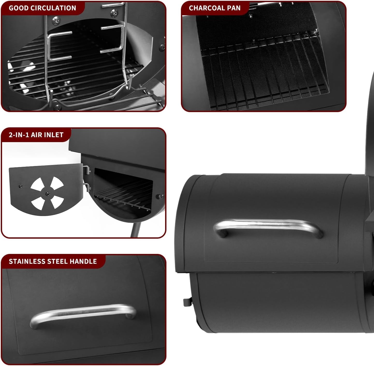 Black Charcoal Grill With Offset Smoker 714 Square Inches
