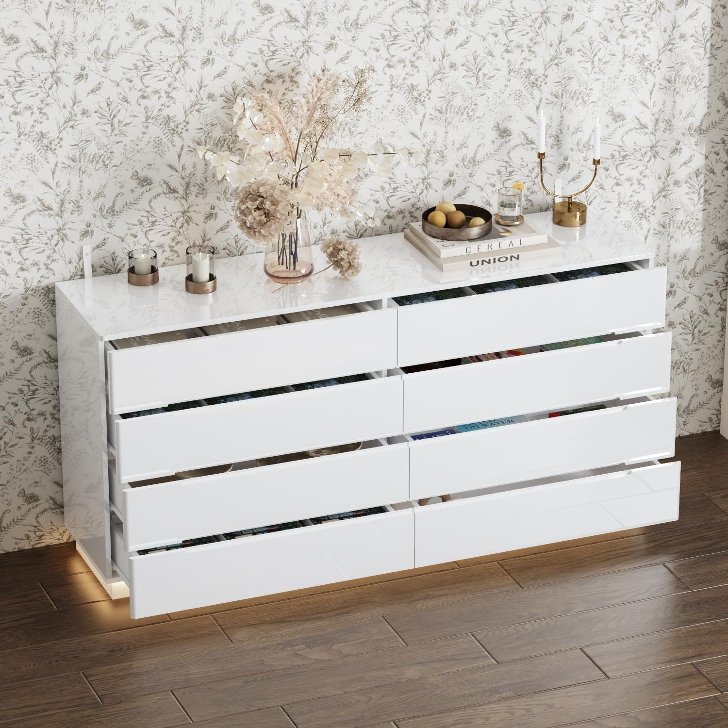White Drawer Dresser with LED Light, Modern High Gloss Dresser with 8 Drawers, 63" Long Dresser Double Dresser Storage Chest of Drawer for Bedroom, Living Room, Entryway-2