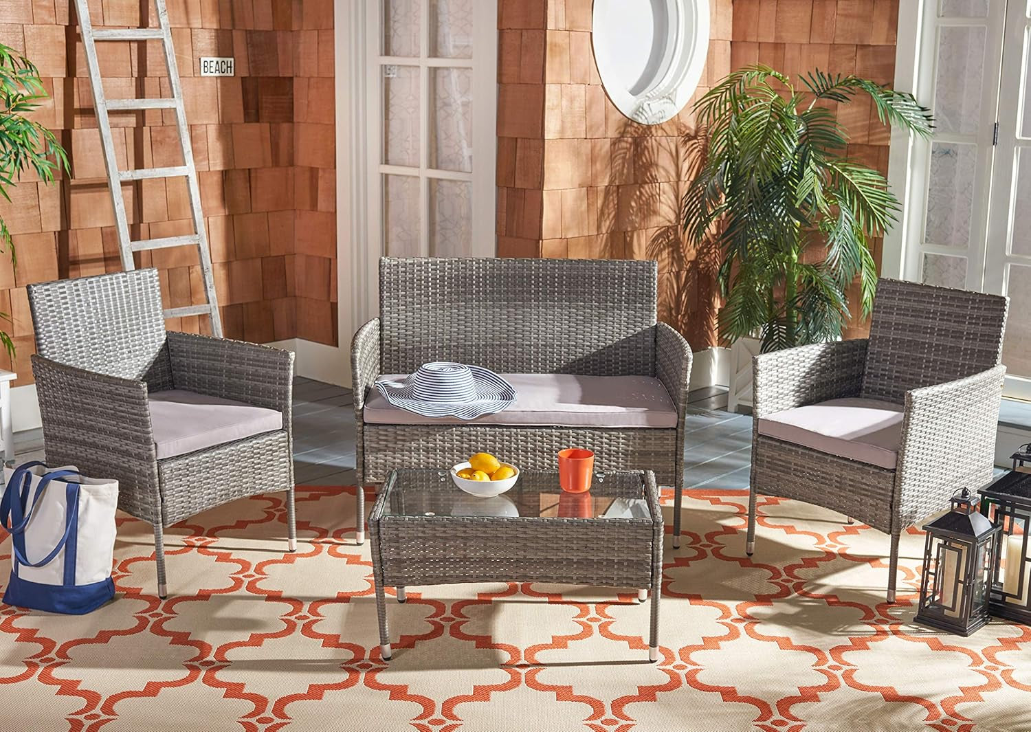 Grey 4 Piece Outdoor Patio Set With Glass Top Table-1