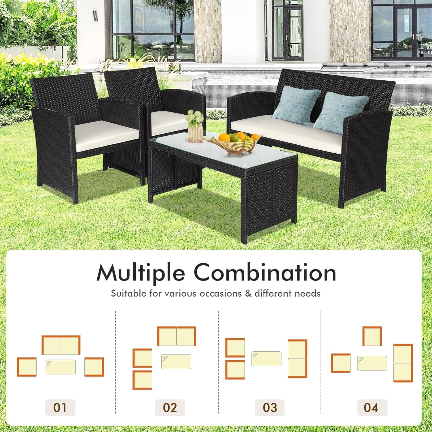 Rattan Outdoor Patio Furniture Set 4 Piece White Cushions-2