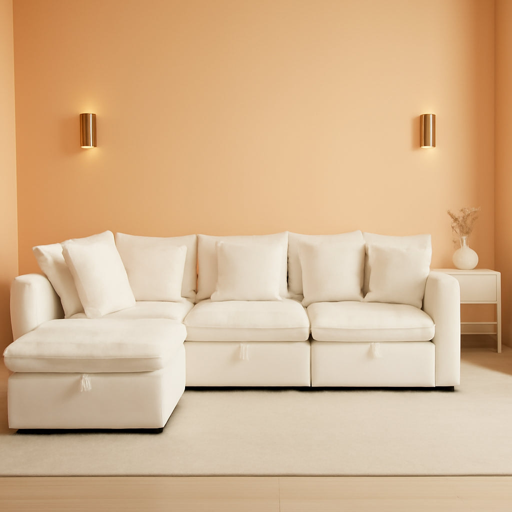 White OneThirtyThreeInch Modular Sectional Sofa Hidden Storage-0