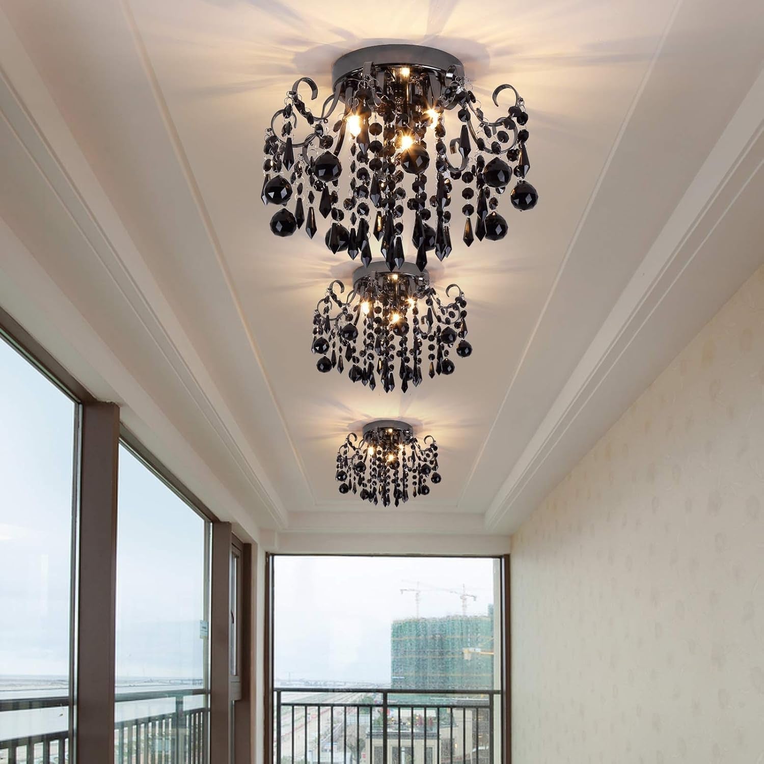 Black Crystal Flush Mount Ceiling Light 3 Light G9-1