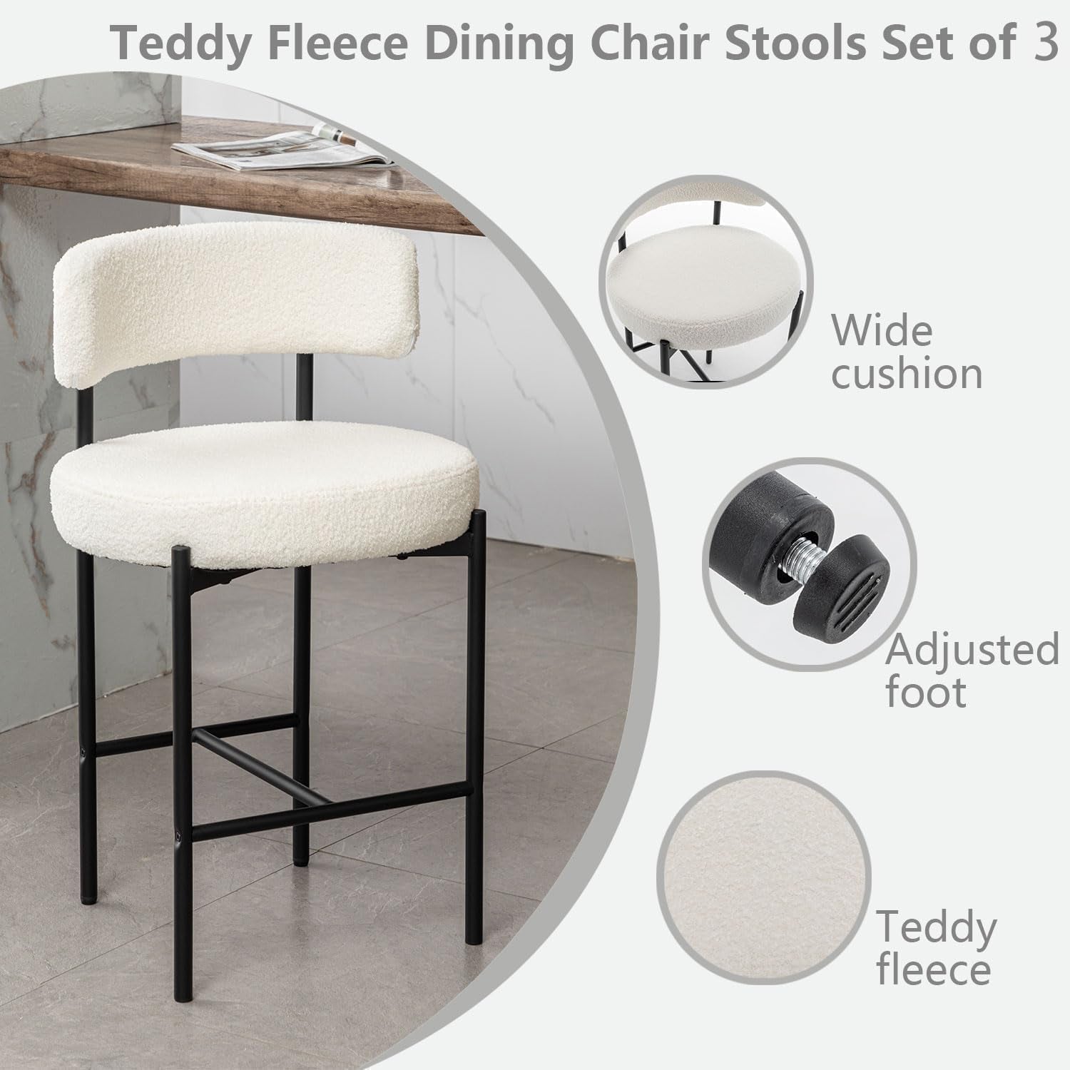Boucle Bar Stools Set Of 3 24 Inch White Upholstered Counter Stools With Backs-2