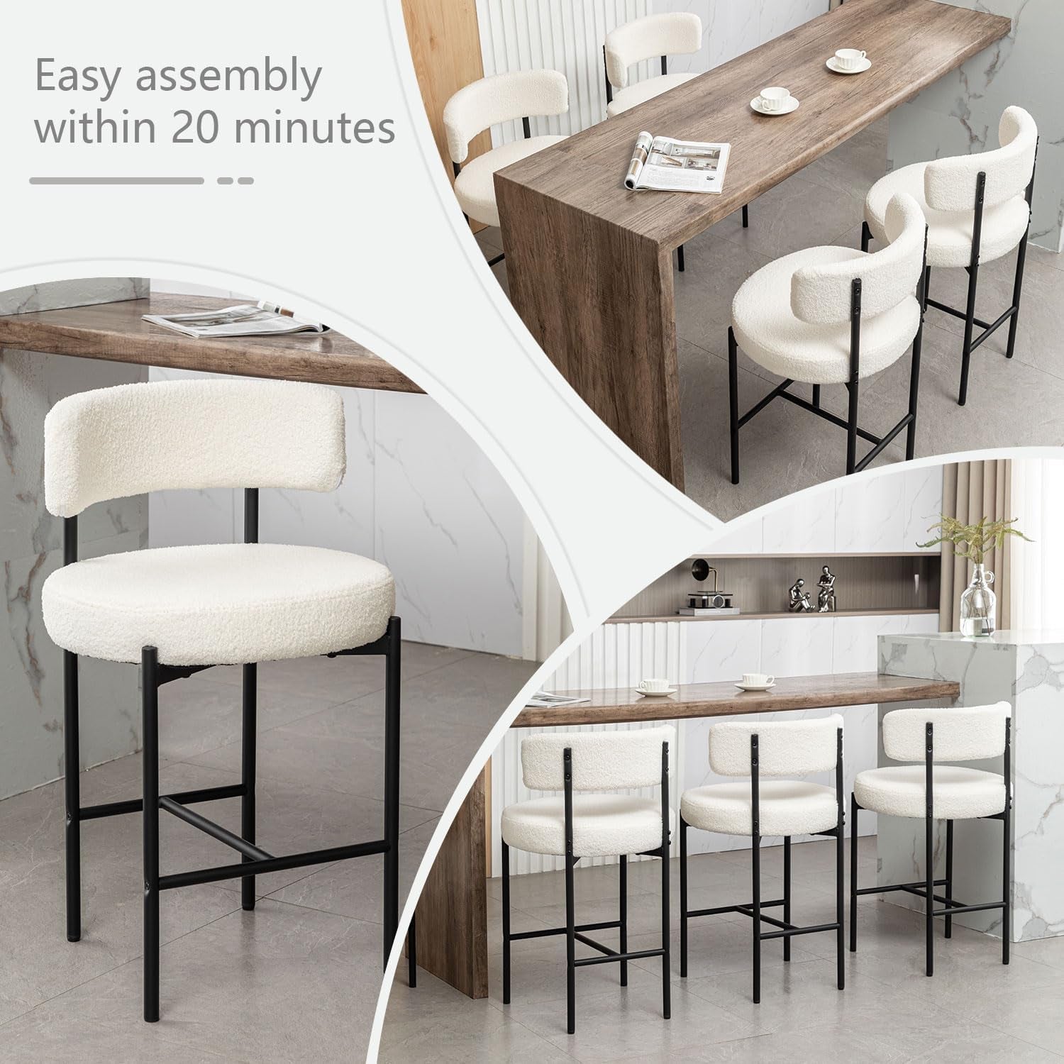 Boucle Bar Stools Set Of 3 24 Inch White Upholstered Counter Stools With Backs-4