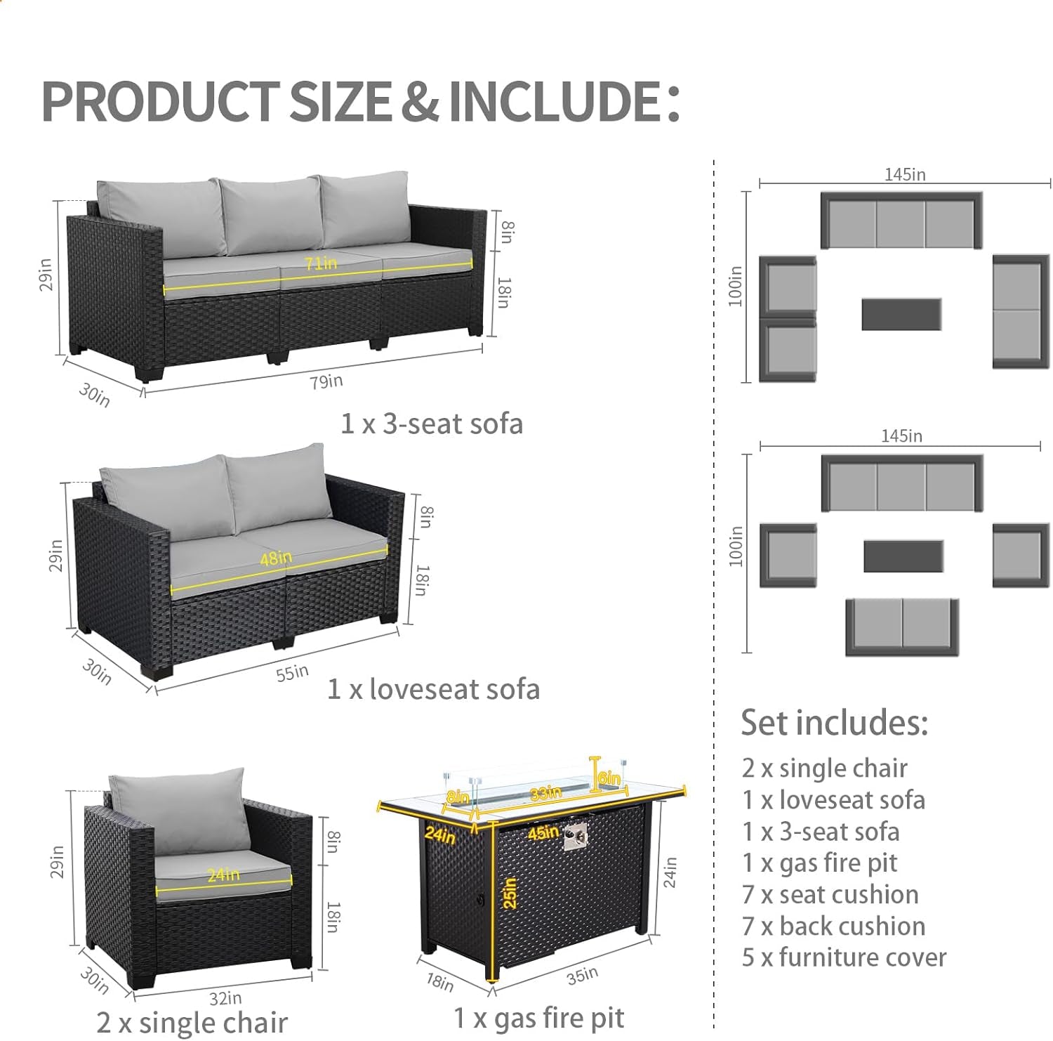 5-Piece Outdoor Patio Furniture Set With 60000 BTU Fire Pit Light Grey-1