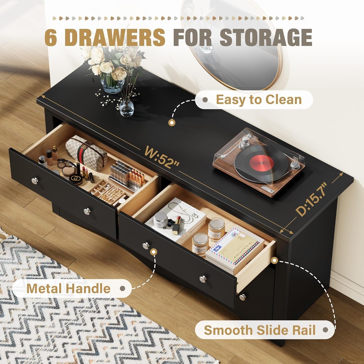 Glossy Black Six Drawer Dresser 52Inch Contemporary Storage-3