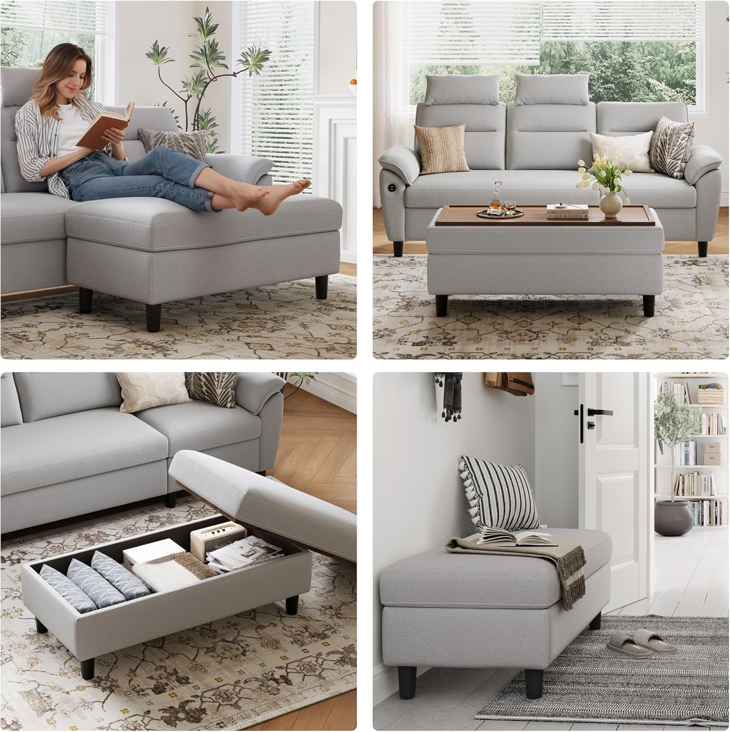FortySixInch Grey Storage Ottoman Bench Upholstered Linen-4