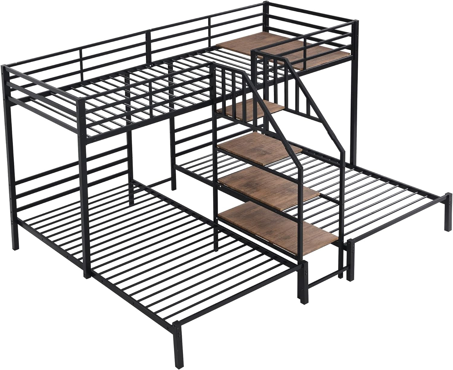 Twin over Twin & Twin Metal Bunk Bed, Triple Bunk Bed Frame with Storage Shelves Staircase, Black-3